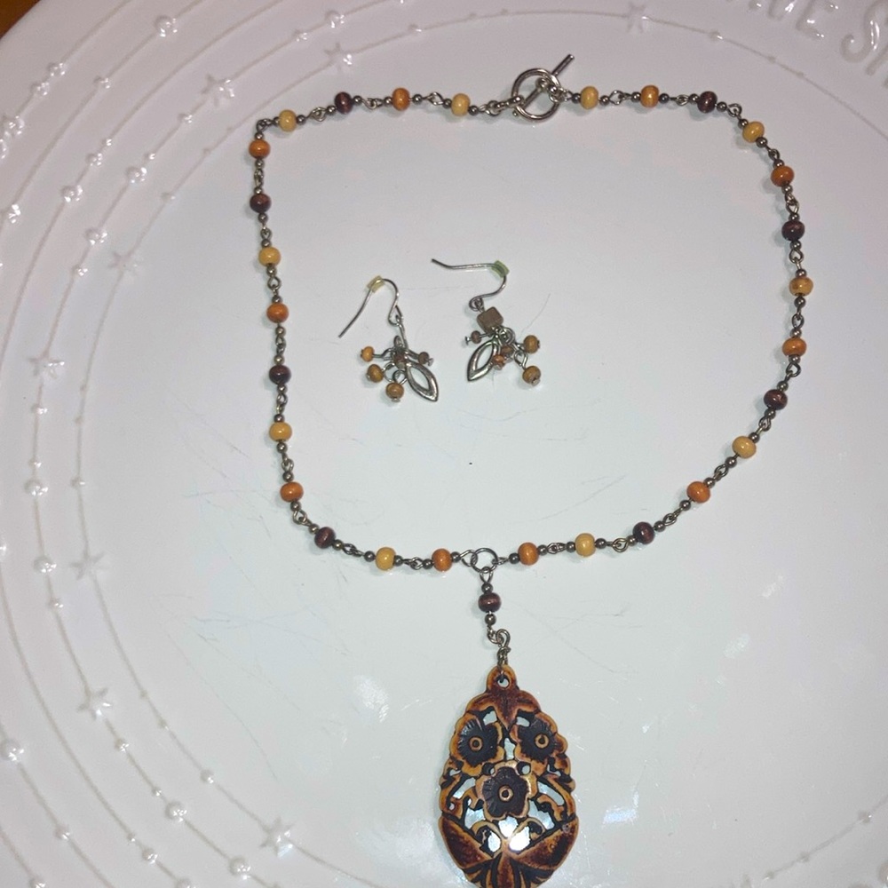 Carved wooden necklace and earrings